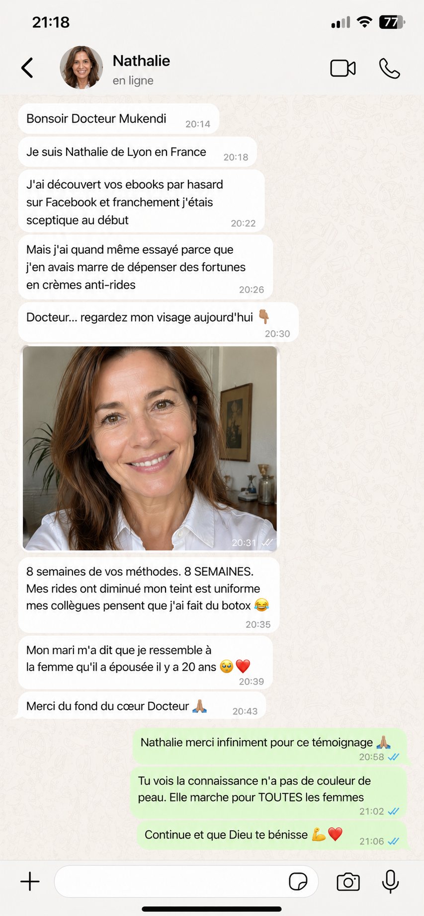 Message WhatsApp de Nathalie de Lyon — 8 semaines de résultats