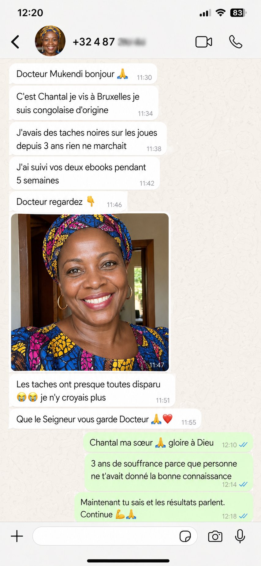 Message WhatsApp de Chantal de Bruxelles — 5 semaines de résultats