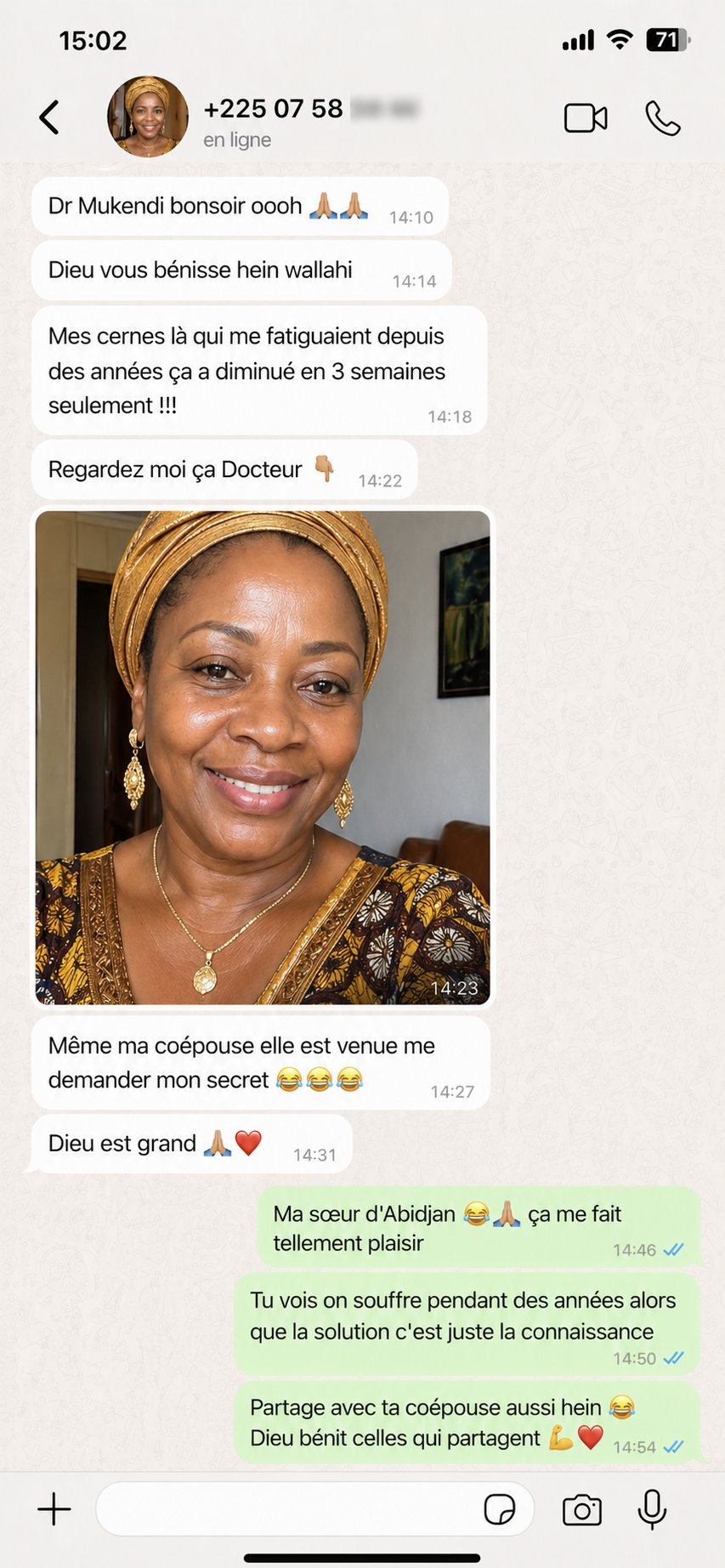 Message WhatsApp cliente d'Abidjan — cernes diminués en 3 semaines