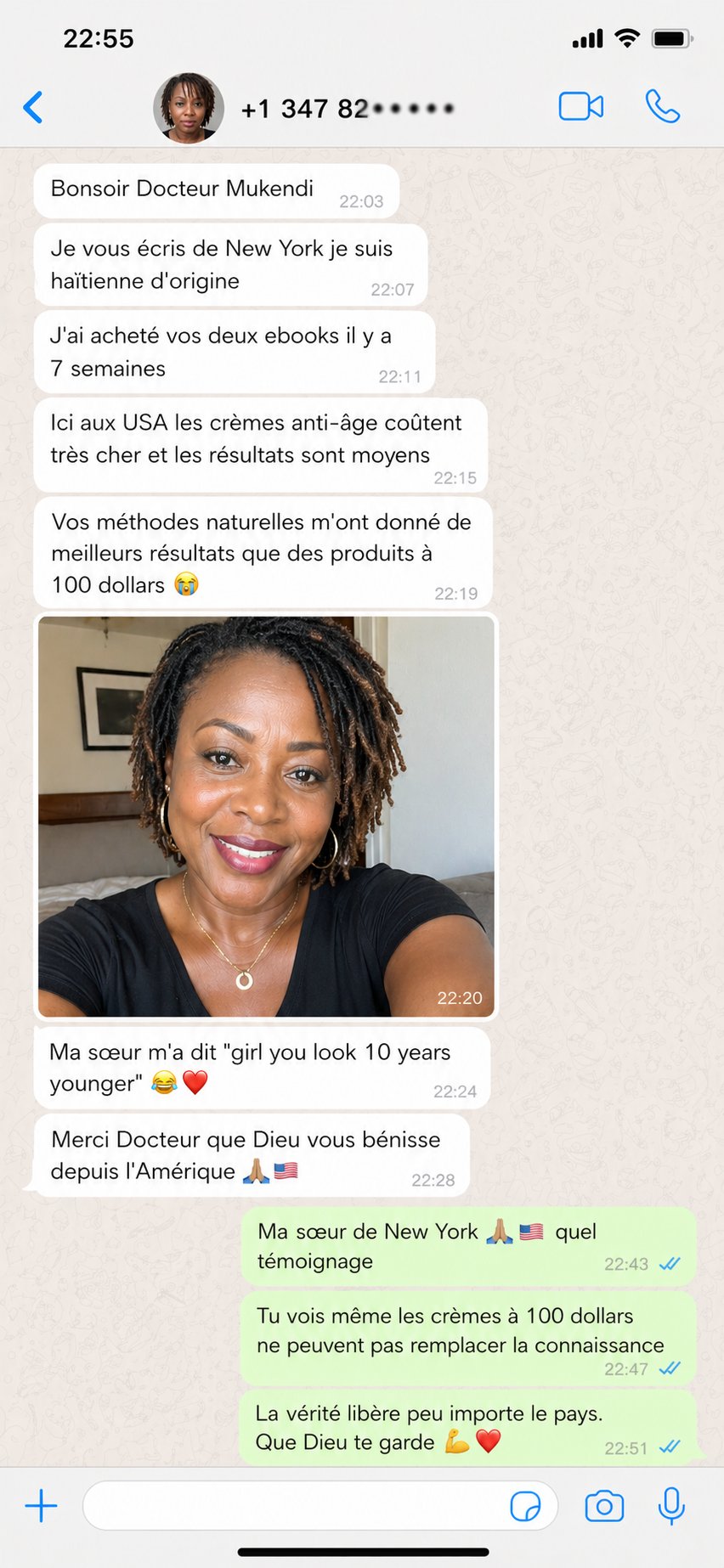 Message WhatsApp cliente de New York — 7 semaines de résultats