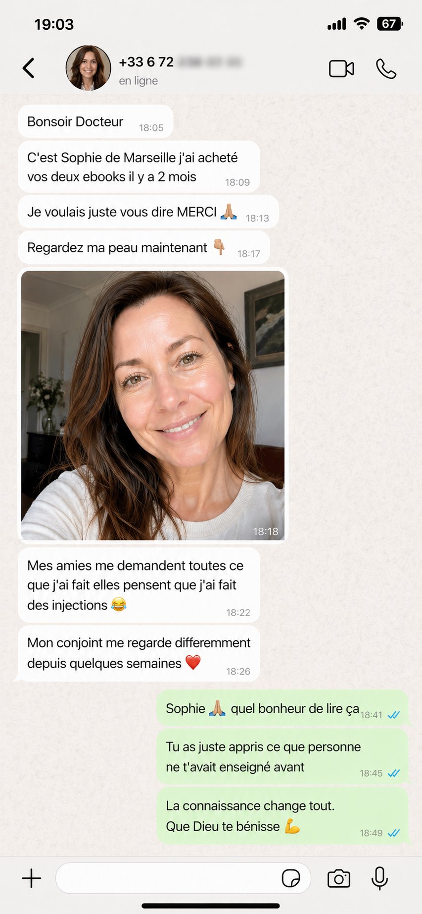 Message WhatsApp de Sophie de Marseille — 2 mois de résultats